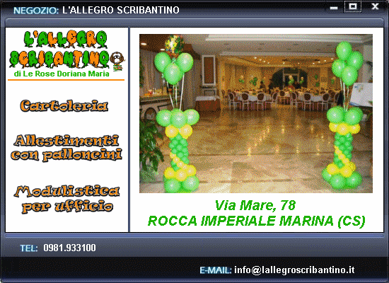 L'Allegro Scribantino - Rocca Imperiale (CS) - Nova Siri (MT) - Cartoleria - Articoli per la scuola e da regalo - Allestimenti con palloncini - Modulistica per ufficio - Party